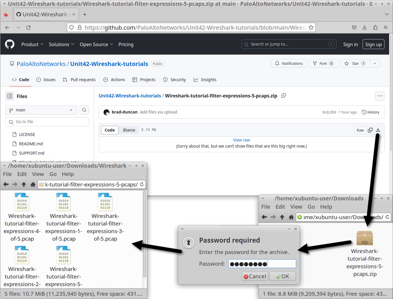 Image 1 is a screenshot of the Palo Alto Networks Unit 42 Wireshark tutorials GitHub. A black arrow indicates to hit the download button on the page. A second black arrow points to the “password required” popup after selecting the zip file in the downloads folder. The password is entered. A final black arrow points to the contents of the zip file. 