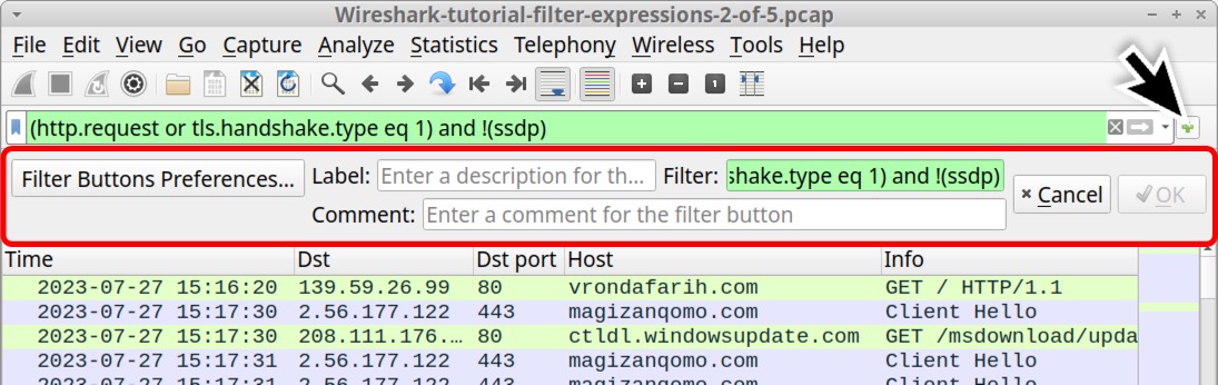 Image 10 is a Wireshark screenshot. A red rectangle indicates how to add a filter button after clicking the +. The options are Filter Button Preferences, Label, Filter, and Comment. Then the user can Cancel or hit OK.