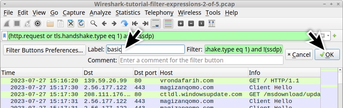 Image 11 is a Wireshark screenshot where a basic filter is being created. A black arrow indicates the label is “basic.” A second black arrow indicates to hit the OK button. 