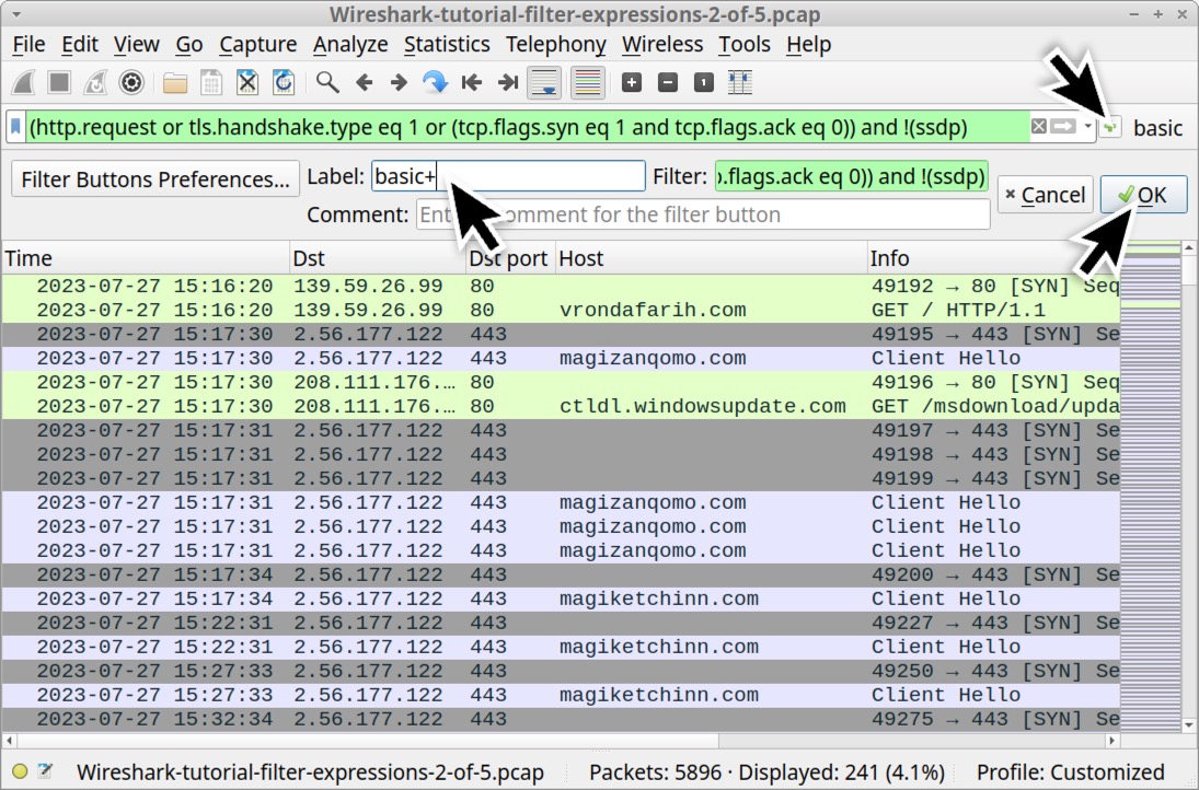 Image 13 is a Wireshark screenshot. Black arrows indicate create a “basic-plus” filter. The options are Filter Button Preferences, Label, Filter, and Comment. Then the user can Cancel or hit OK. The label entered is “basic+.” 