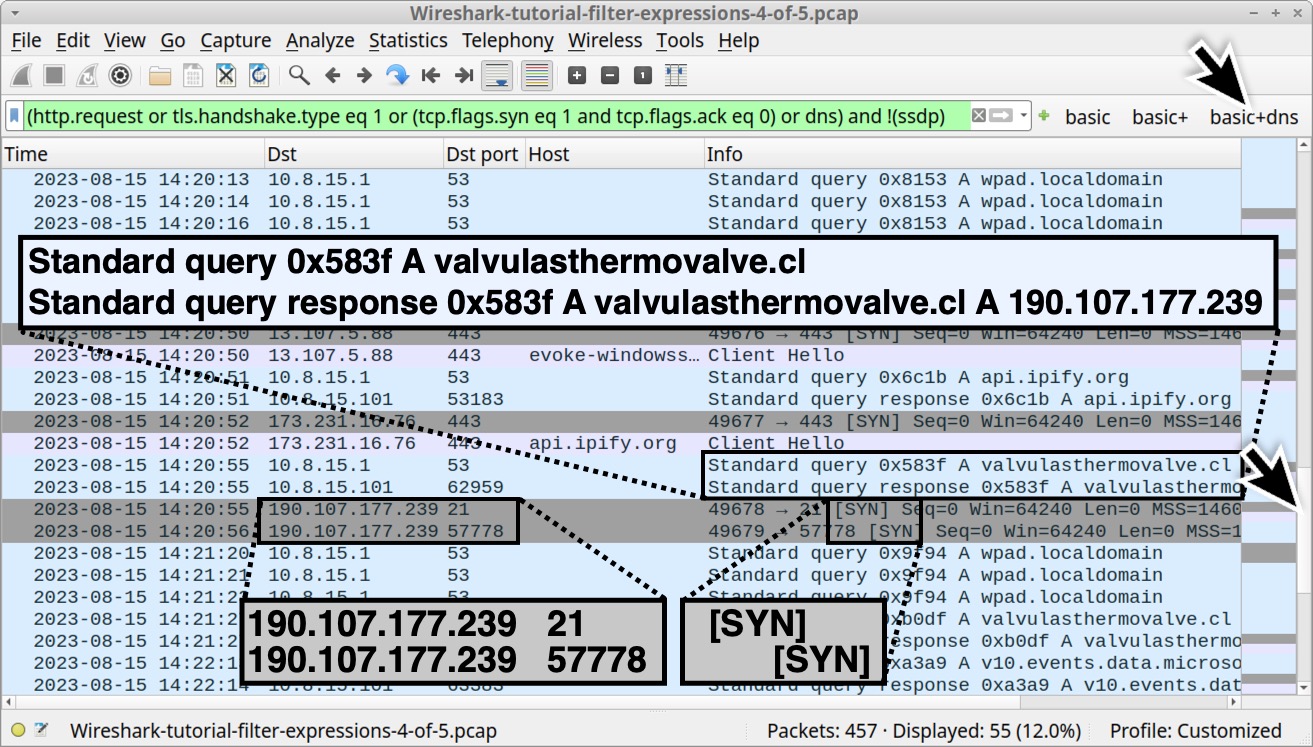 Image 17 is a Wireshark screenshot. The filter used is the basic+dns filter. a black rectangle indicates the standard query used and the standard query response. The standard query is 0x583f A valvulasthermovalve dot cl. The standard query response is 0x583f A valvulasthermovalve dot cl A 190 dot 107 dot 177 dot 239. The SYN flag is also indicated.