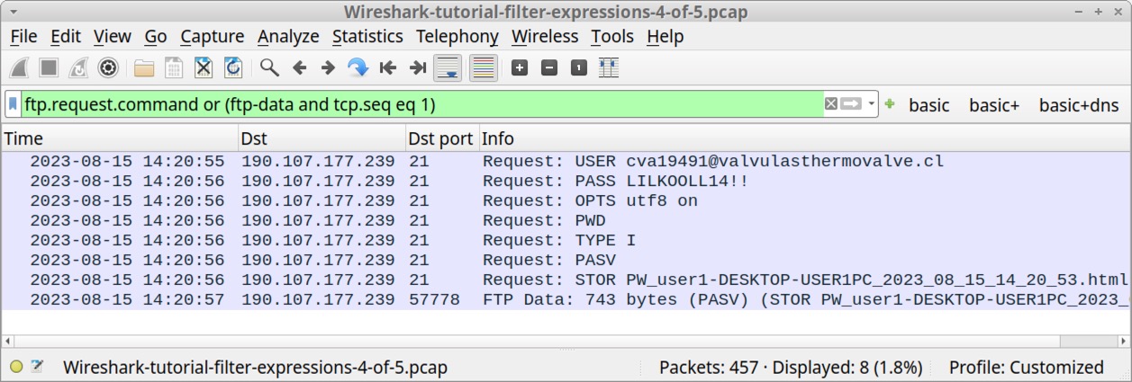 Image 18 is a Wireshark screenshot. The filter used, ftp.request.command or (ftp-data and tcp.seq eq 1), allows the end user to see the flow of FTP activity. 