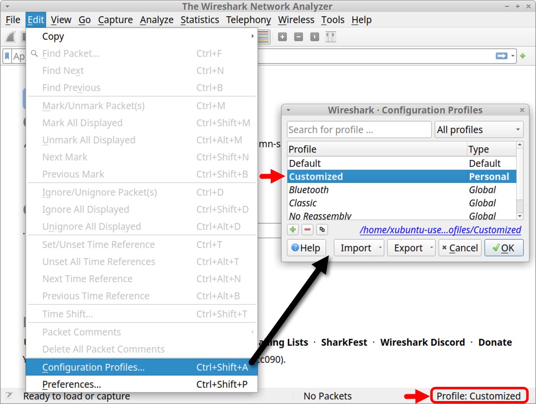 Image 2 is a Wireshark screenshot. Configuration profiles has been selected in the edit menu from the main menu. A popup window of the configuration profiles is inset in the screenshot. A red arrow indicates the customized profile is selected. A second red arrow indicates the bottom of the pane that shows the profile is customized.