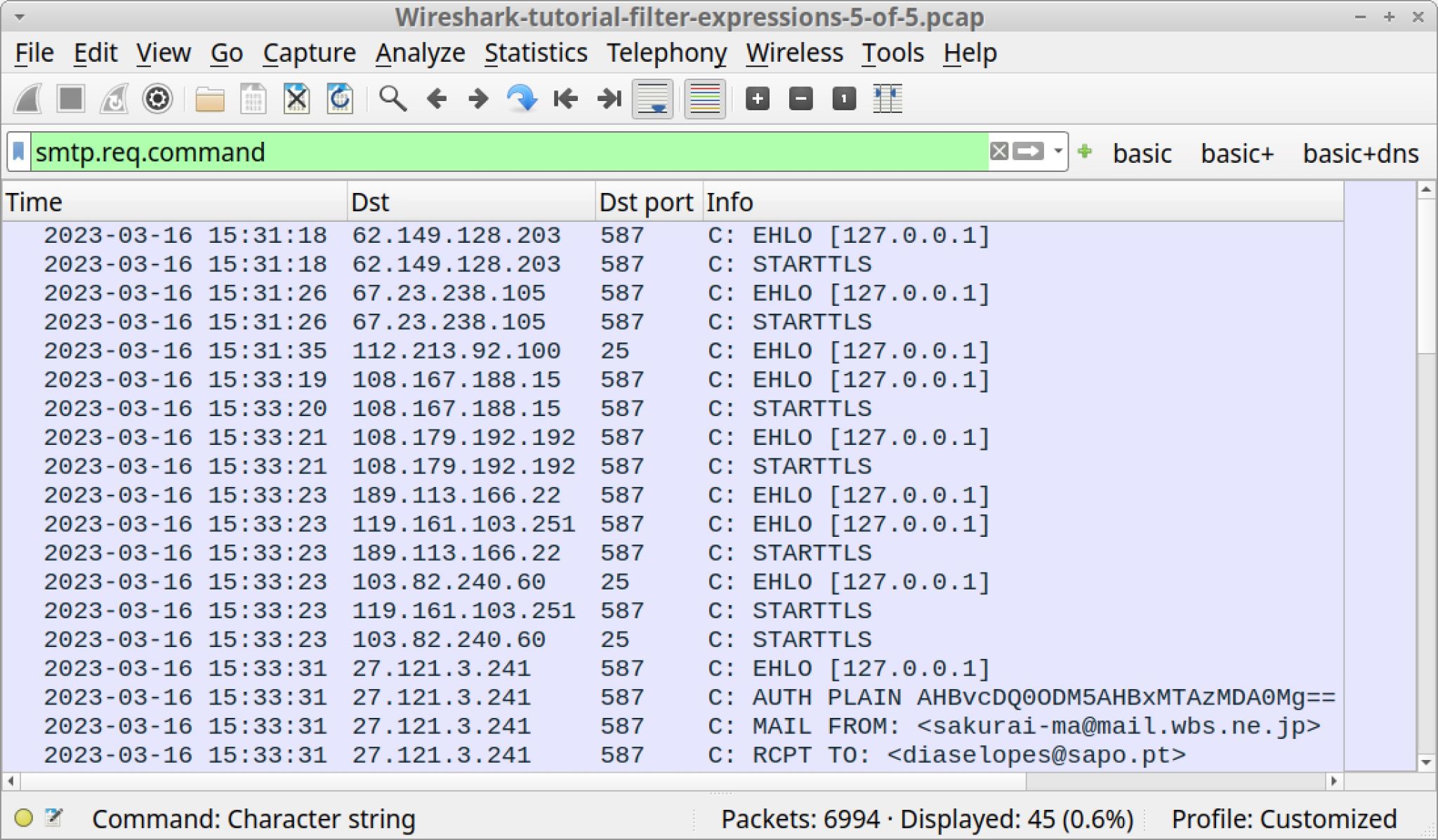 Image 20 is a Wireshark screenshot of the traffic displayed when the filter smtp.req.command is used. 