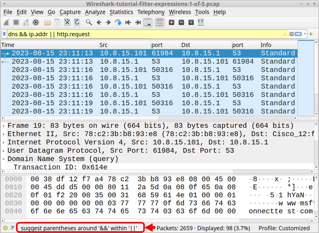 Image 5 is a Wireshark screenshot. A red rectangle and a red arrow indicate it's a bad filter expression. Suggest parentheses around ‘&&’ within ‘||’. The inputted filter is yellow instead of green.