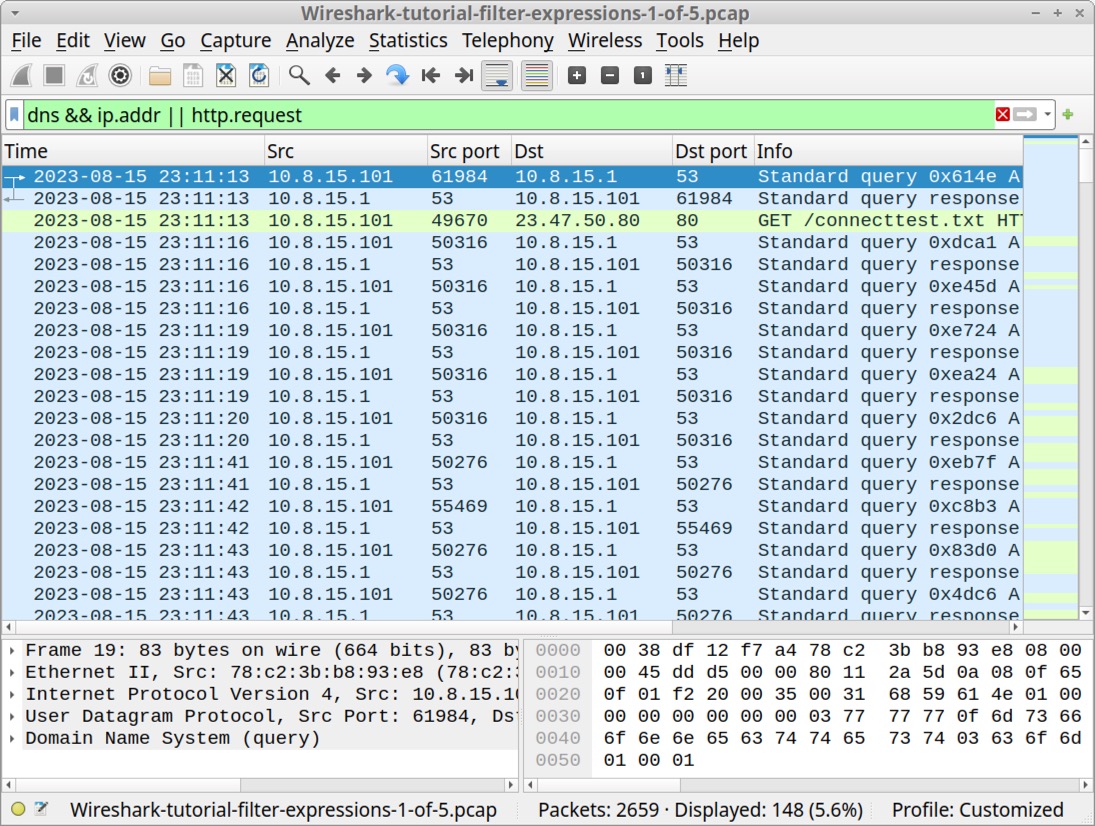 Image 6 is a Wireshark screenshot. The corrected filter is green. There is no suggestion to correct the filter language.
