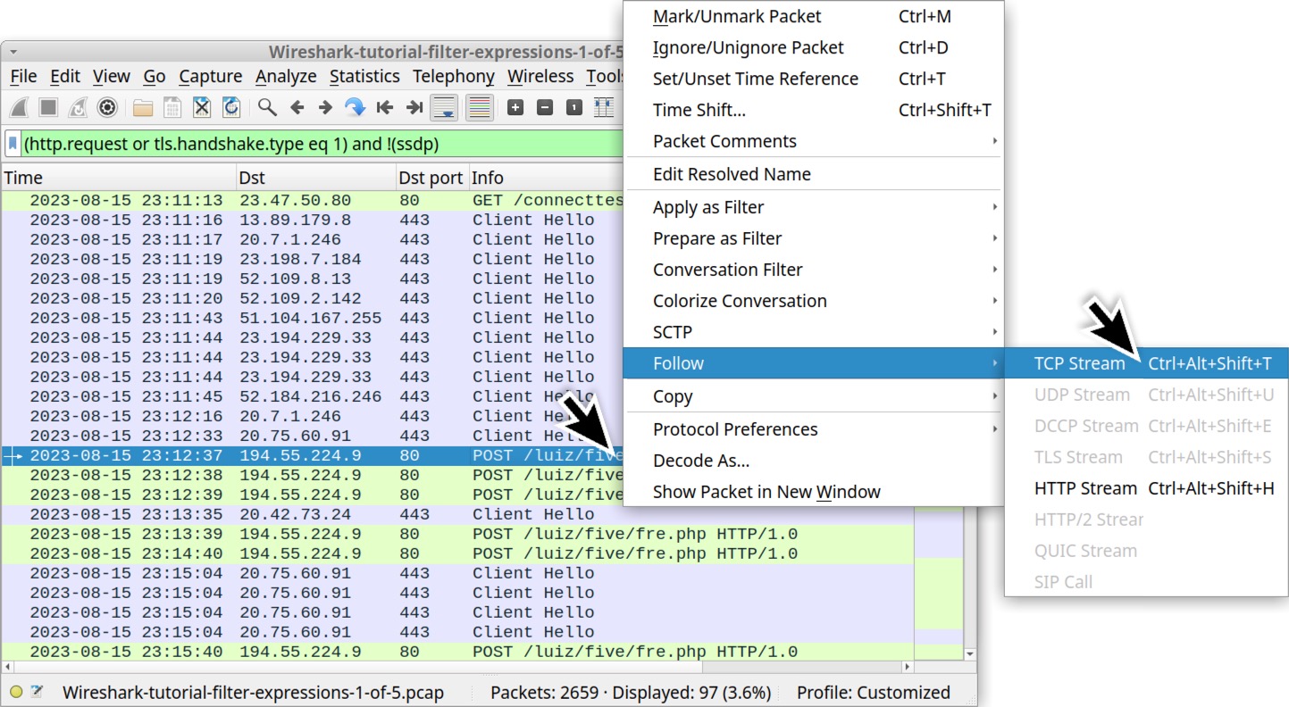 Image 8 is a Wireshark screenshot demonstrating how to follow a TCP stream. A black arrow indicates to click on a row within the traffic. The popup menu has “Follow” selected, and from a submenu, “TCP Stream” is selected.