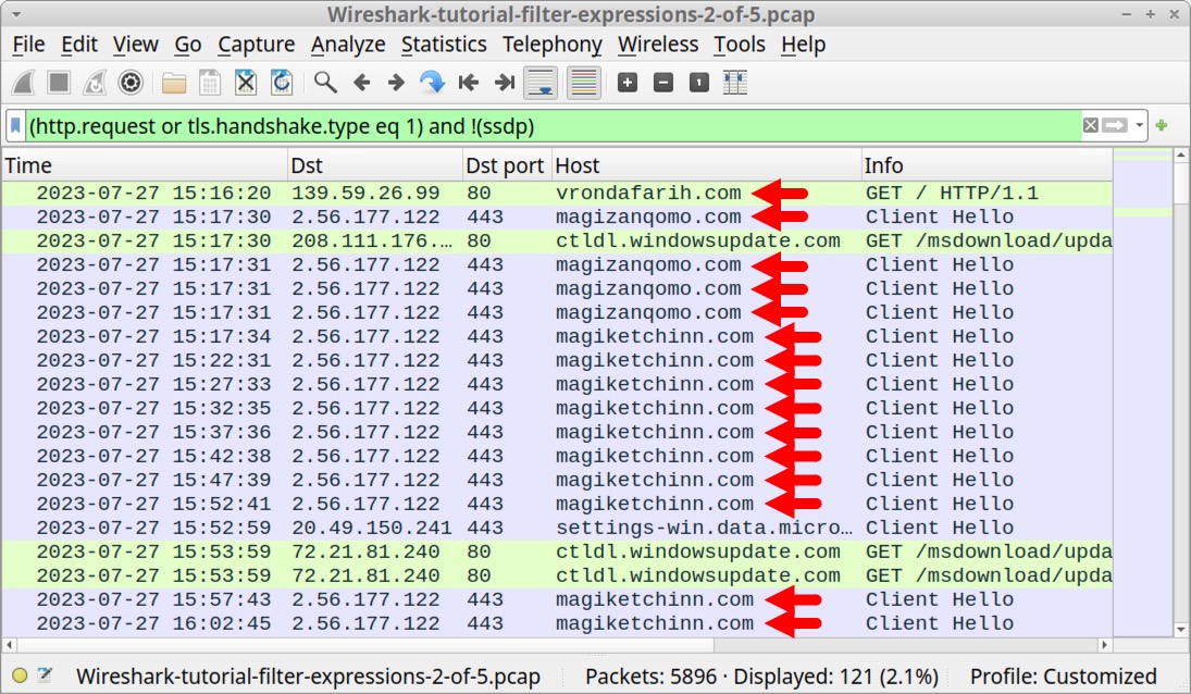 Image 9 is a Wireshark screenshot. Red arrows pointing to the rows of traffic indicate the domains associated with an IcedID infection.