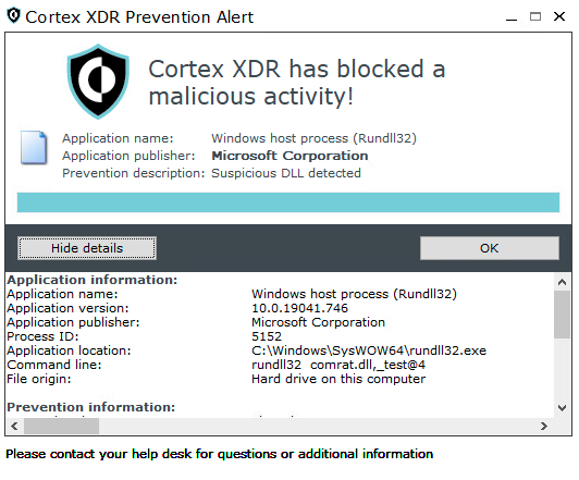 Image 18b is a screenshot of the Cortex XDR Prevention Alert window. Cortex XDR has blocked a malicious activity! Application name: Windows host process (Rundll32). Application publisher: Microsoft Corporation. Prevention description: Suspicious DLL detected. Also listed is the application version, process ID, application location, the command line and the file origin.