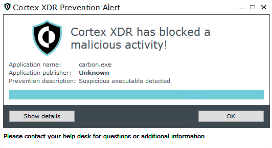 Image 20 is a screenshot of the Cortex XDR Prevention Alert window. Cortex XDR has blocked a malicious activity! Application name: carbon.exe. Application publisher: Unknown. Prevention description: Suspicious executable detected. 