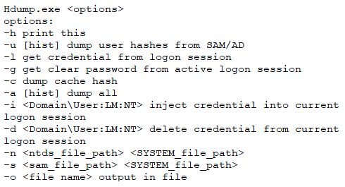 Image 4 is a screenshot of Hdump commands. These options include items such as print, dump user hashes, dump cache hashes and the like.