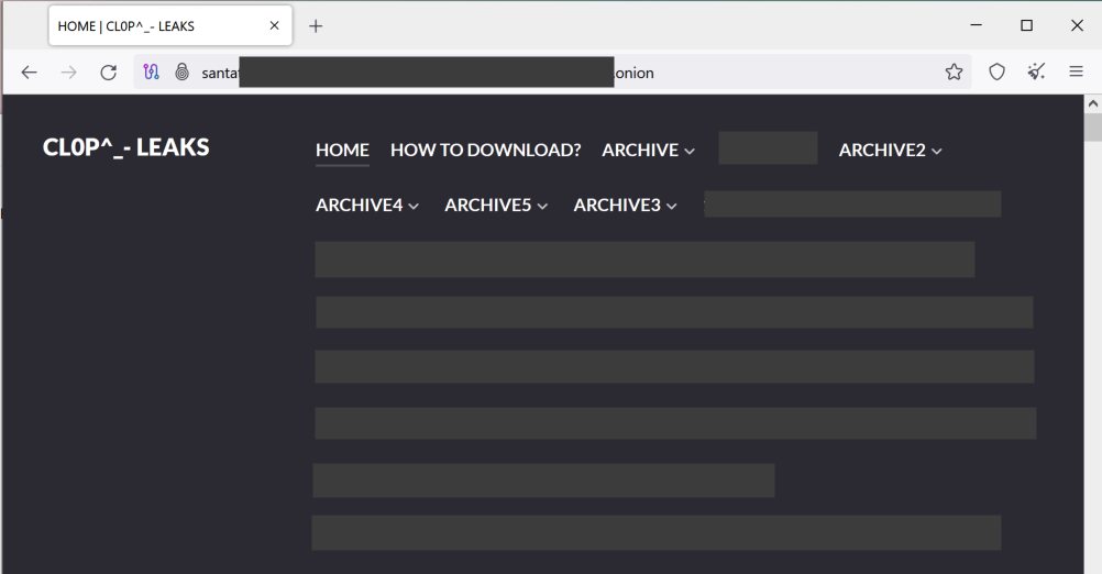 Image 1 is a screenshot of the CL0P ransomware group leak site’s archives. Most of the information on the page is redacted. Included in the menu are buttons for Home, How to download? Archive, archive 2, archive 4, archive 5, archive 3.