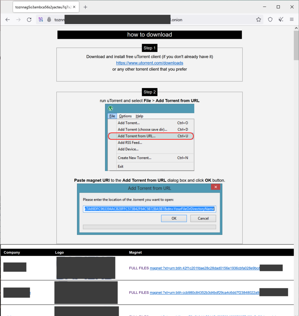 Image 3 is a screenshot of the CL0P leak site. Some information has been redacted. It gives instructions on how to download leak data via torrenting. Step 1: download and install free utorrent client (if you don't already have it) [link to utorrent download page] or any other torrent client that you prefer. Step two : run utorrent and select file  data-eio=