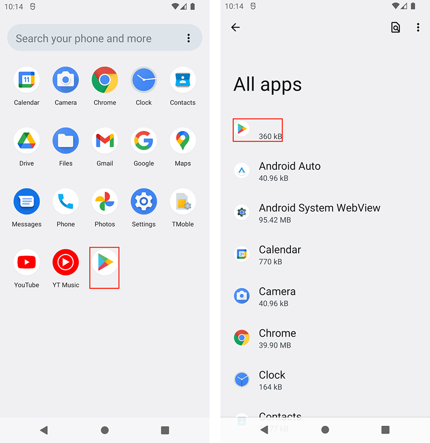 Image 6 is two mobile phone screenshots side by side. On the left is a screen of basic applications. Highlighted in a red box is the Google Play store button. On the right is a list of all apps. The Google Play store button is highlighted in red. It has no description and is 360 kb in size.