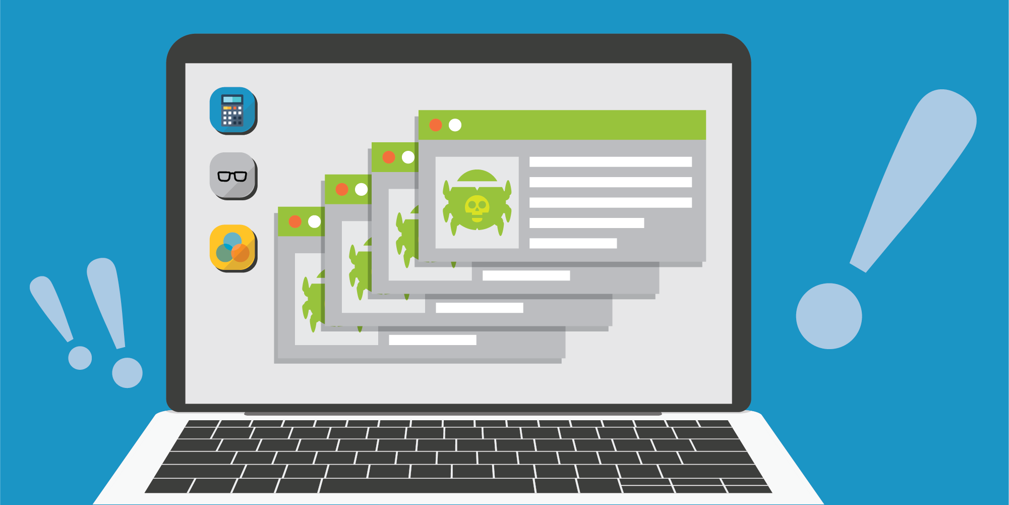 A pictorial representation of malware distributed via Android. An open laptop against a blue background is flanked by exclamation points. On the laptop screen are overlapping windows with a bug icon representing the malware.