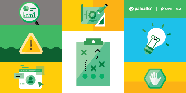 A collage of icons in yellow, green and white. Graphs, warning signs, a lighbulb, and types of documentation. The Palo Alto Networks and Unit 42 logo lockup.