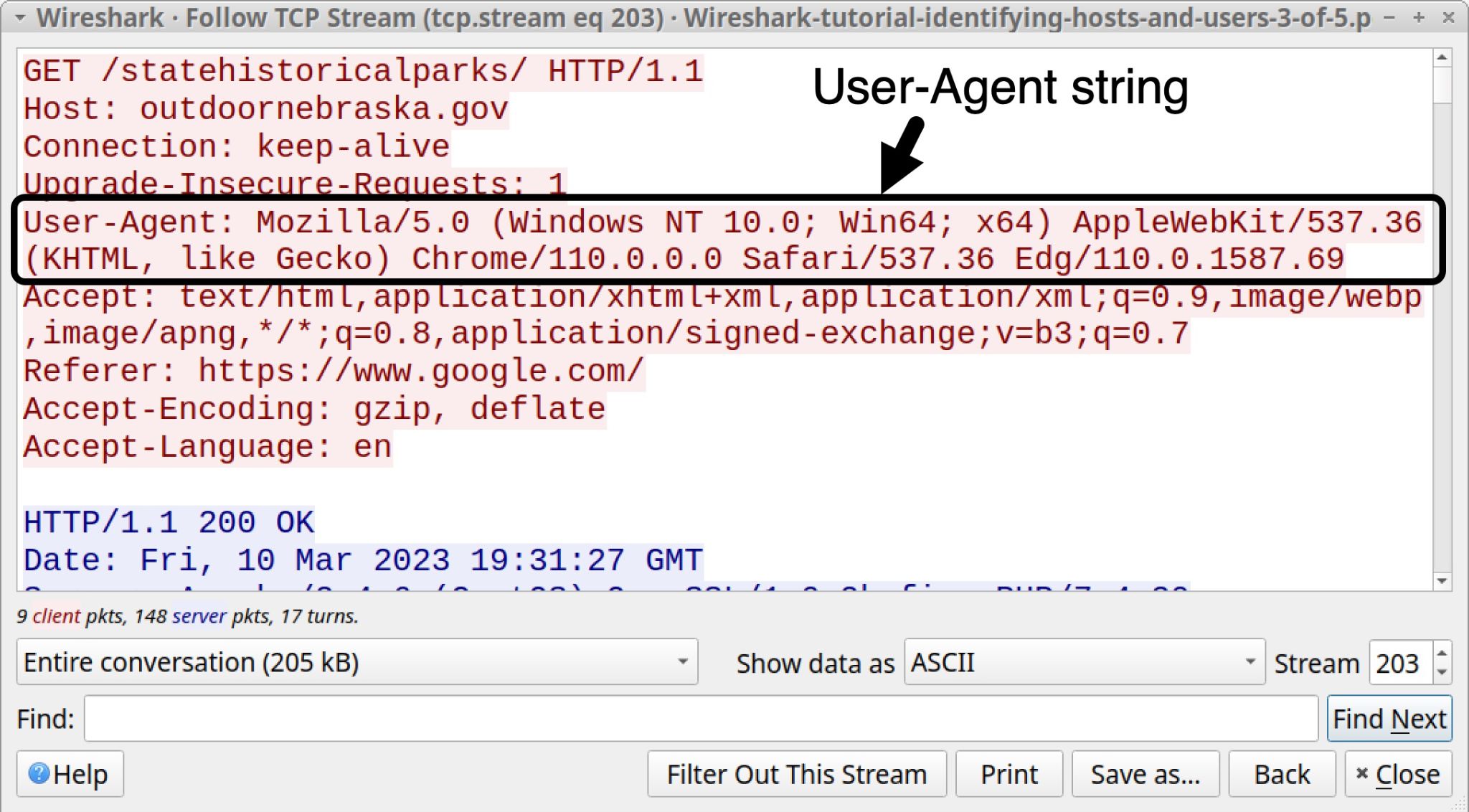 Image 10 is a screenshot of the Wireshark TCP stream window. Highlighted by a black rectangle and an arrow is the User-Agent string. 