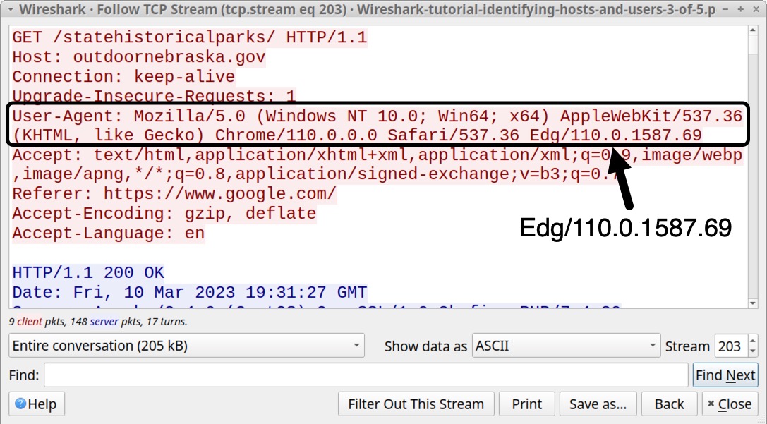 Image 11 is a screenshot of the Wireshark TCP stream window. Highlighted by a black rectangle and an arrow is the User-Agent string. The final characters identify the web browser (Edg/110.0.1587.69) which in this case is Microsoft Edge. 