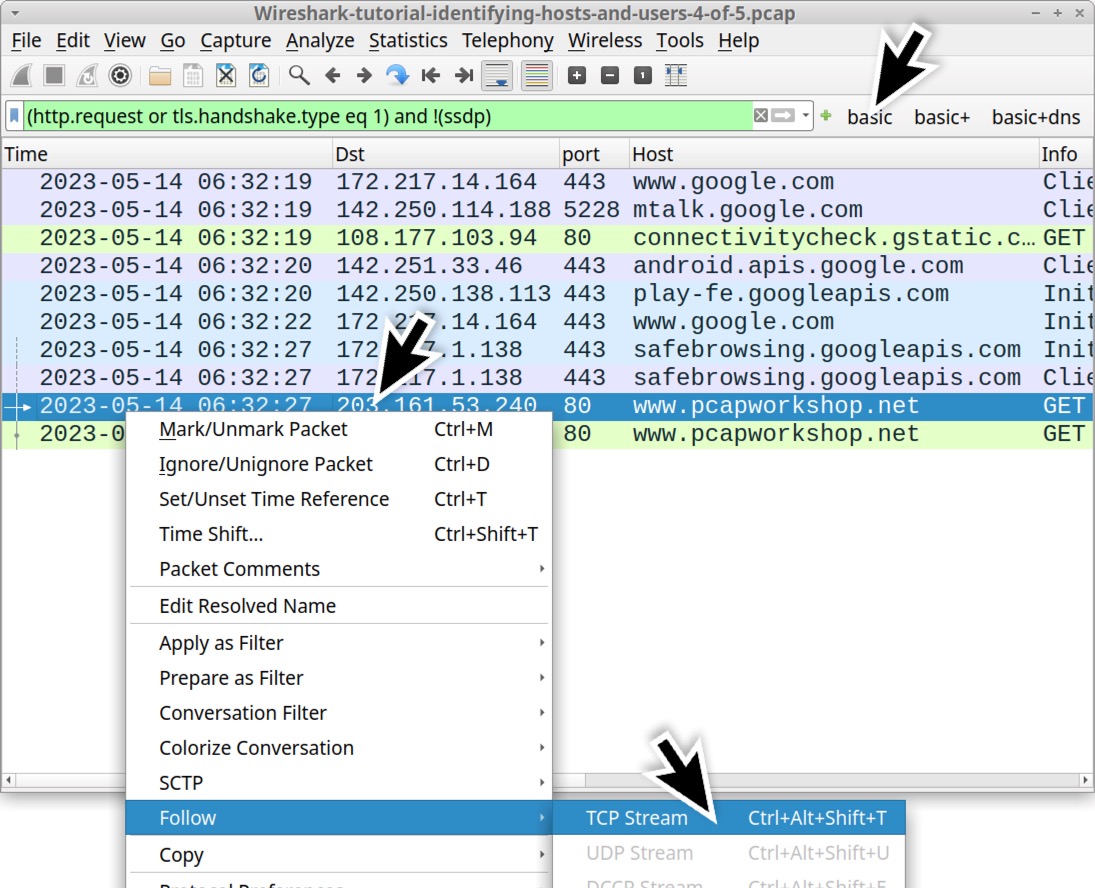 Image 12 is a Wireshark screenshot. The filter is set to (http.request or tls.handshael.type eq 1) and !(ssdp). The filter selection is “Basic.” One of the rows in the traffic is selected. Follow > TCP Stream is selected from the menu. 