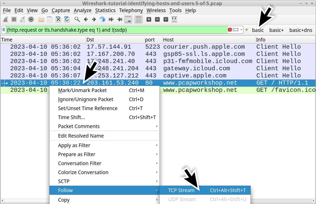 Image 14 is a Wireshark screenshot. The filter is set to (hhtp.request or tls.handshael.type eq 1) and !(ssdp). The filter selection is “Basic.” The pcapworkshop[.]net row in the traffic is selected. Follow > TCP Stream is selected from the menu.