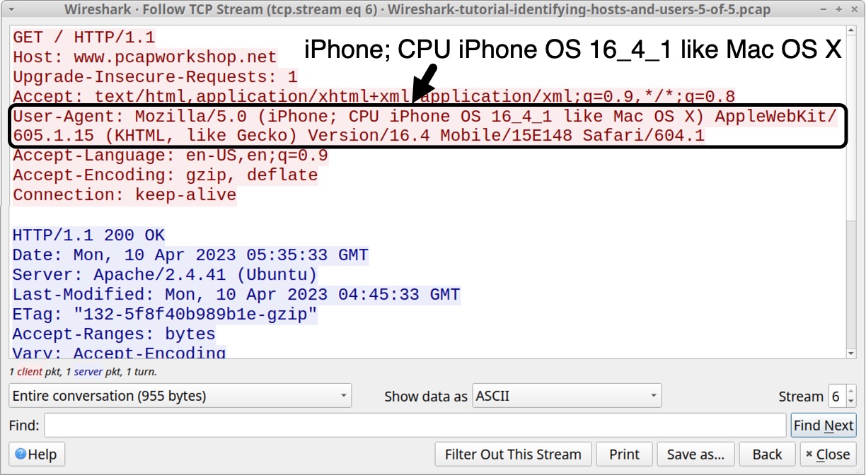 Image 15 is a screenshot of the Wireshark TCP stream window. Highlighted by a black rectangle and an arrow is the User-Agent string. Identified in the string is iPhone; CPU iPhone OS 16_4_1 like Mac OS X.