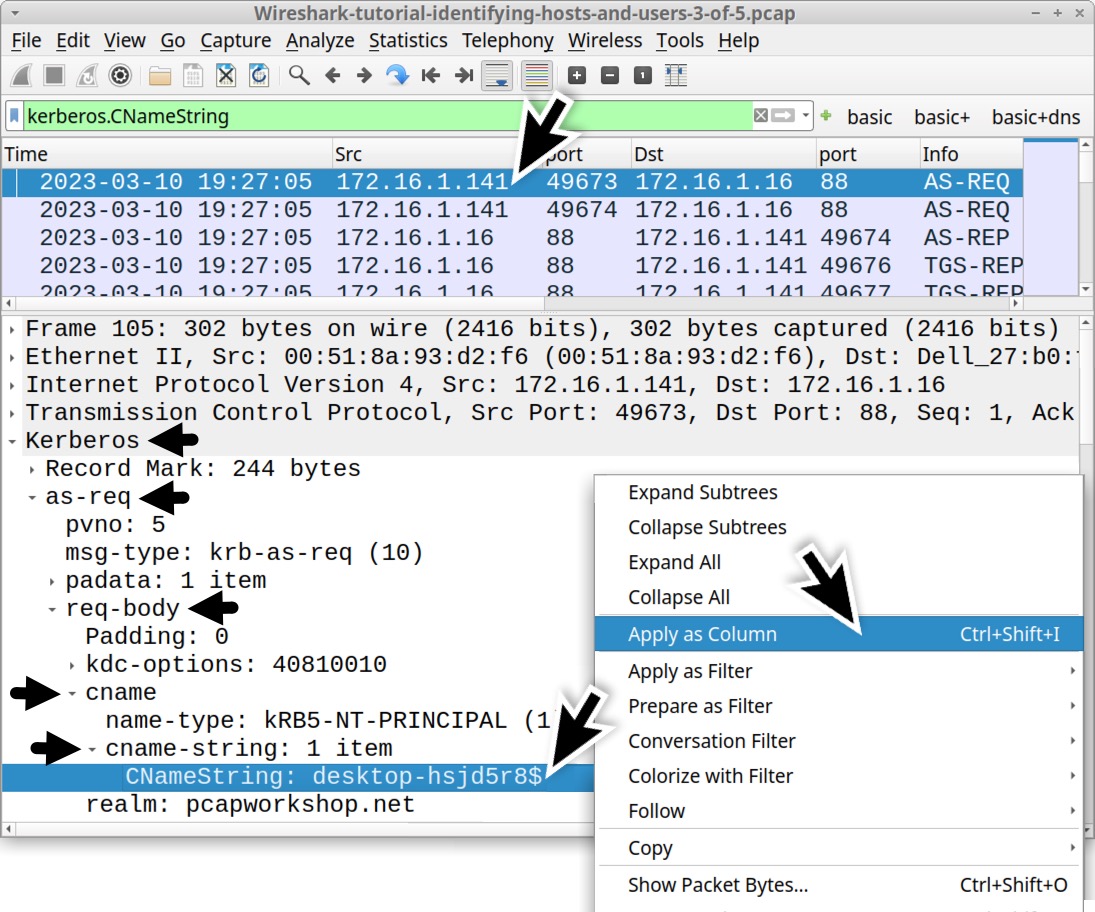 Image 16 is a Wireshark screenshot. The filter is set to kerberos.CNameString. In the lower pane, Kerberos is indicated by a black arrow as well as other information. The CNameString is selected and the option Apply as Column is selected.