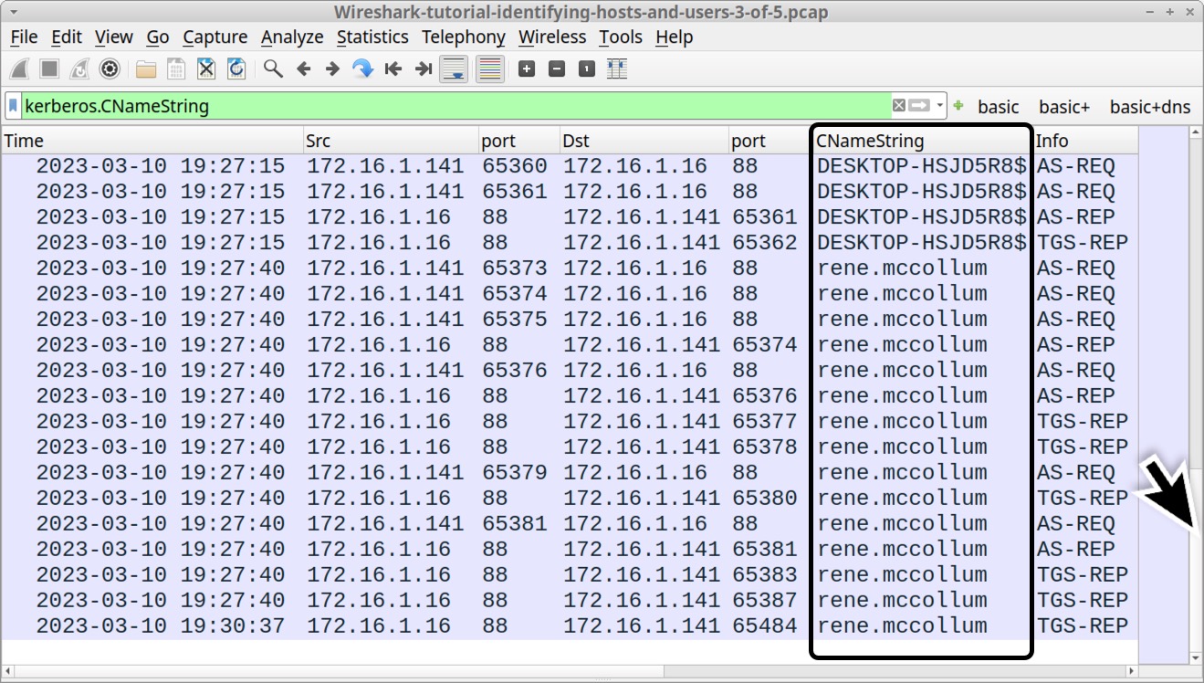 Image 17 is a Wireshark screenshot. The filter is set to kerberos.CNameString. The new column CNameString is highlighted by a black rectangle.