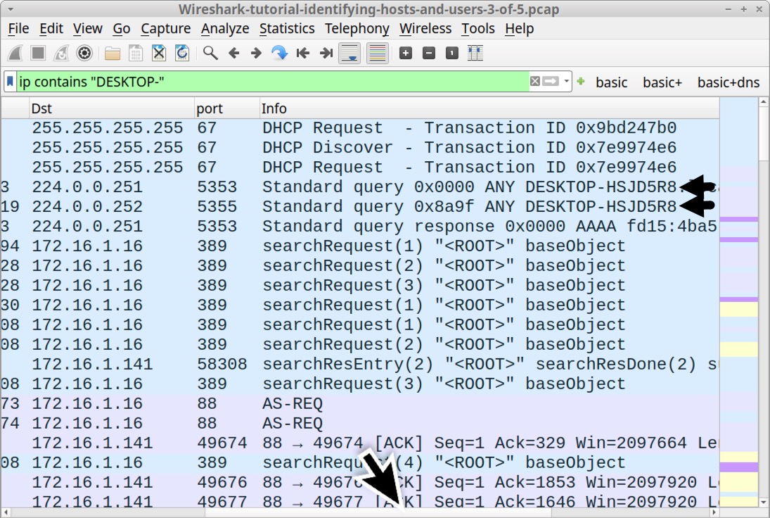 Image 19 is a Wireshark screenshot where the filter is set to ip contains “DESKTOP-“. Black arrows highlight the rows where ANY DESKTOP can be spotted in the traffic.