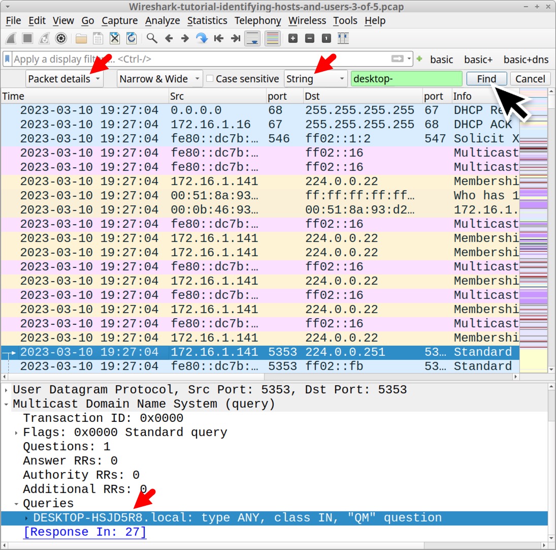 Image 21 is a Wireshark screenshot of packet details. Red arrows point to the Packet details dropdown menu, the String dropdown menu and the Find button. The filter used is desktop-. In the lower pane, a red arrow points to the Queries dropdown that indulges the DESKTOP line in the packet details. 