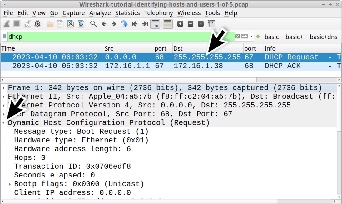 Image 4 is a Wireshark screenshot. The filter is dhcp. A certain row is selected (dark blue) in the top pane as indicated by an arrow. This expands the information in the bottom pane to show the Dynamic Host Configuration Protocol line.