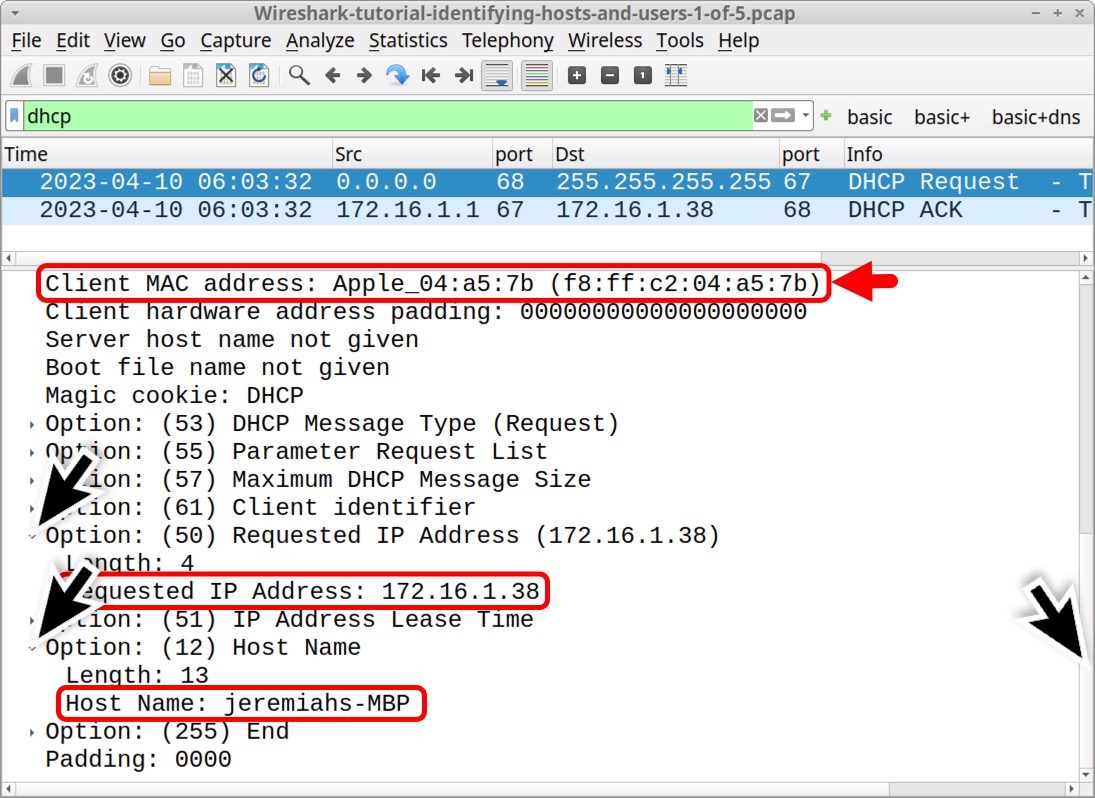 Image 5 is a Wireshark screenshot of dhcp traffic. Highlighted in red from top to bottom is: the client MAC address, the requested IP address, and the host name which is Jeremiahs-MBP.