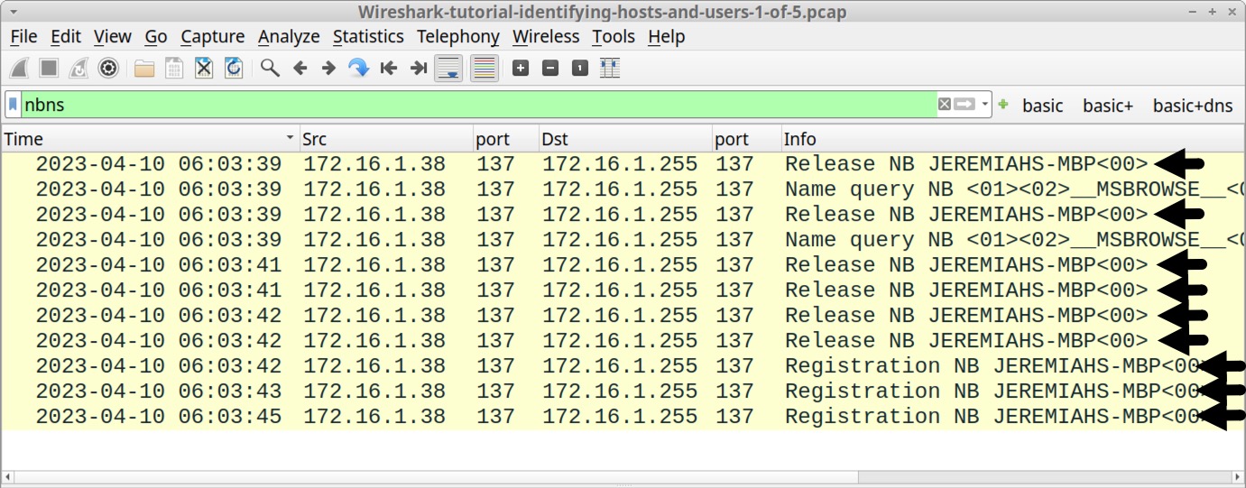 Image 6 is a Wireshark screenshot. The filter is set to nbns. Black arrows indicate how to find the host name from the traffic, Jeremiahs-MBP. 