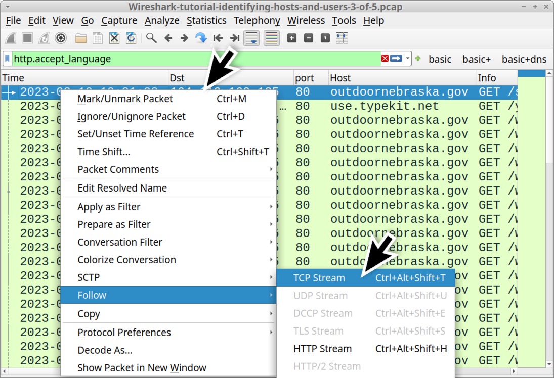 Image 9 is a Wireshark screenshot. he traffic filter is http.accept_language. By selecting a row (dark blue) from the menu the end user can select Follow and then TCP stream. 