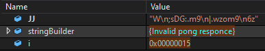 Image 12 is a screenshot of a table. The two columns are Name and Value. In the name column are JJ, stringBuilder and i. The corresponding values are listed next to them.