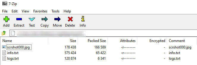 Image 15 is a 7zip folder. The path has been redacted. The contents of the folder are scrshot000.jpg, info.txt and logs.txt. The folder also includes the Size, Packed Size, Attributes, Encrypted and Comment information.