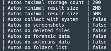 Image 16 is a screenshot of the configuration of the Autos function by Kazuar. it includes information such as the maximal storage count, result size, collect with system, do deleted files and similar commands.