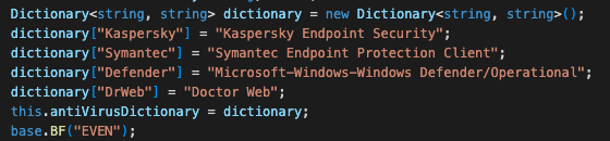 Image 19 is a screenshot of many lines of code. Using these dictionary items, Kazuar collects event logs from specific security products suck as Kaspersky, Symantec, Defender and others.