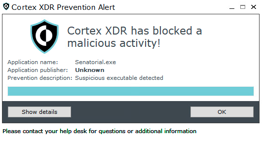 Image 23 is an alert window in Cortex XDR. Cortex XDR has blocked a malicious activity! Application name: Senatorial.exe. Application publisher: Unknown. Prevention description: Suspicious executable detected.