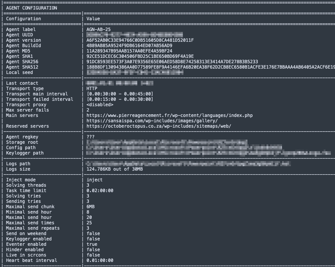 Image 4 is the configuration file for the Kazuar sample. Some information has been redacted. The information includes the agent information, last contact, transport information, log information, etc.