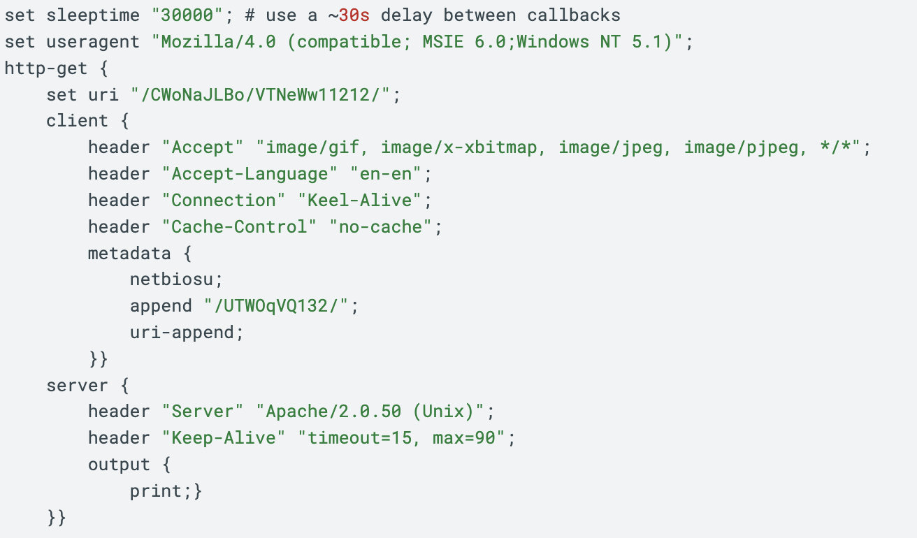 Image 2 is a screenshot of the code making up a partial malleable command and control profile. It includes the headers, server and other information. 