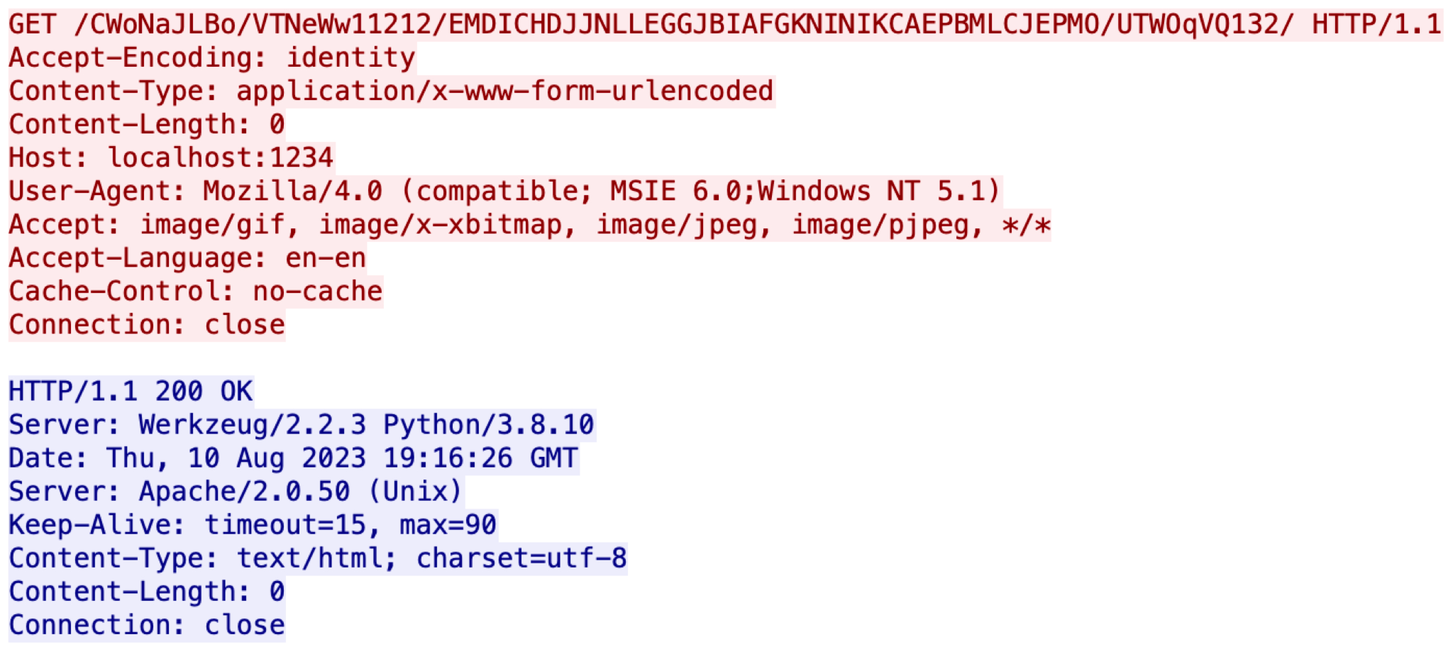 Image 3 is a screenshot of two separate chunks of code. The first is highlighted in red. The second is highlighted in blue. It is the HTTP traffic generated by an Empire C2 based on the malleable C2 profile. The information includes the servers, user agent, GET, date and more.