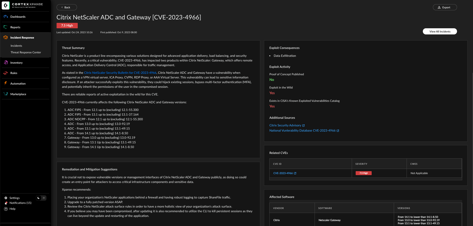 Screenshot of Citrix NetScaler ADC and Gateway in Cortex Xpanse. The Incident Response menu is selected. The information includes the Threat Summary, Exploit Consequences, Related CVEs, Remediation and Mitigation Suggestions and Affected Software