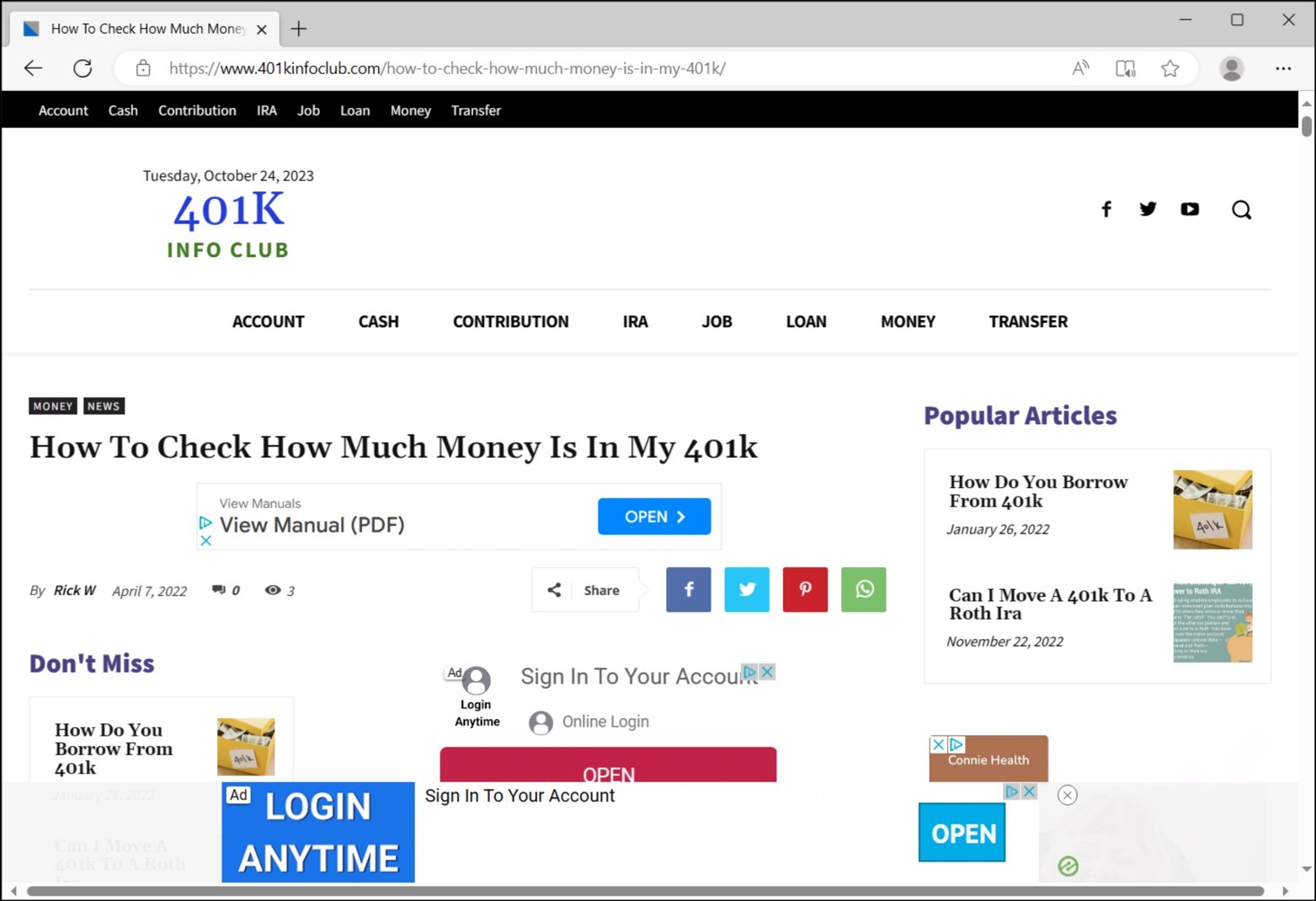 Image 1 is a screenshot of a website publishing a finance-themed clickbait article. How to check how much money is in my 401(k). The site is cluttered with buttons and ads. There's a column for popular articles. There are content categories at the top of the website such as account, cash, contribution, and more. The article publication date is Tuesday, October 24, 2023.