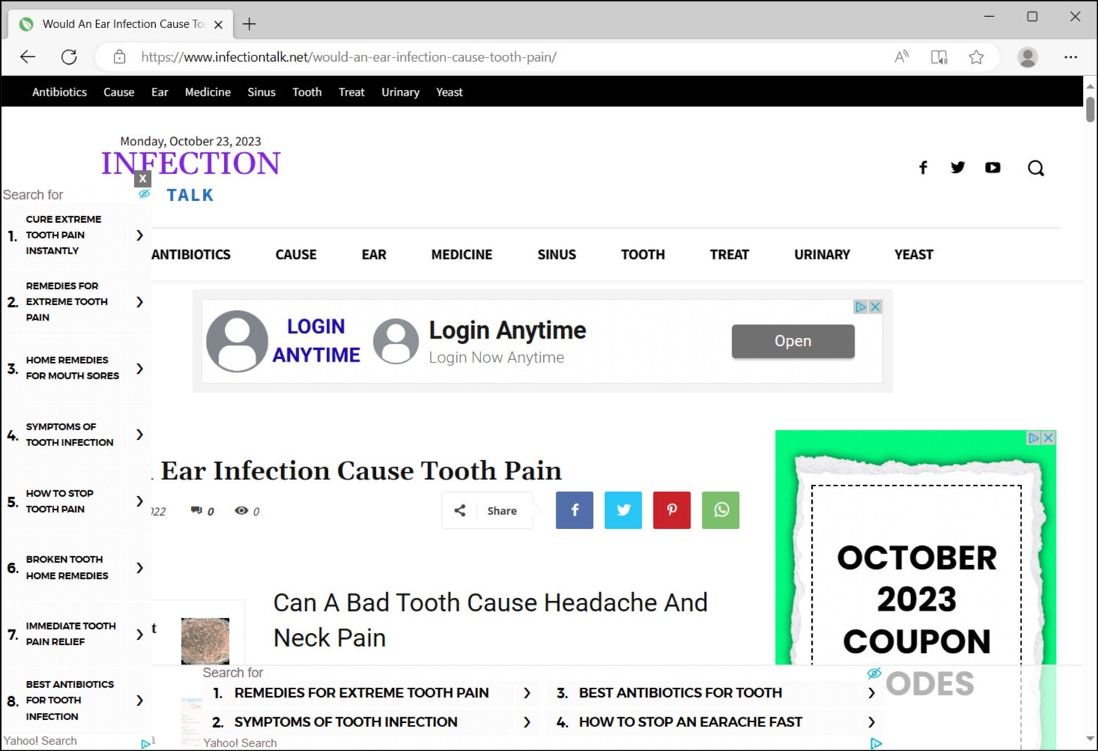 Image 2 is a screenshot of a website publishing a health-themed clickbait article. Ear infection cause tooth pain. Can a bad tooth cause headache and neck pain. The site has options to click on for searches on health related topics, ads, share buttons, and other content topics to choose from. The publication date of the article is Monday, October 23, 2023.