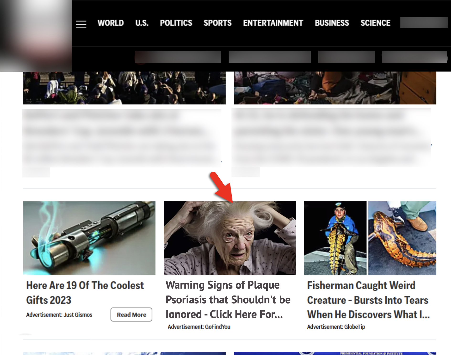 Image 3 is a screenshot of a site with native ads. A red arrow points to an AI generated image of an elderly woman clutching her head. Below is the title of the advertisement: Warning signs of plaque psoriasis that shouldn't be ignored, click here for… Some of the information is redacted. 
