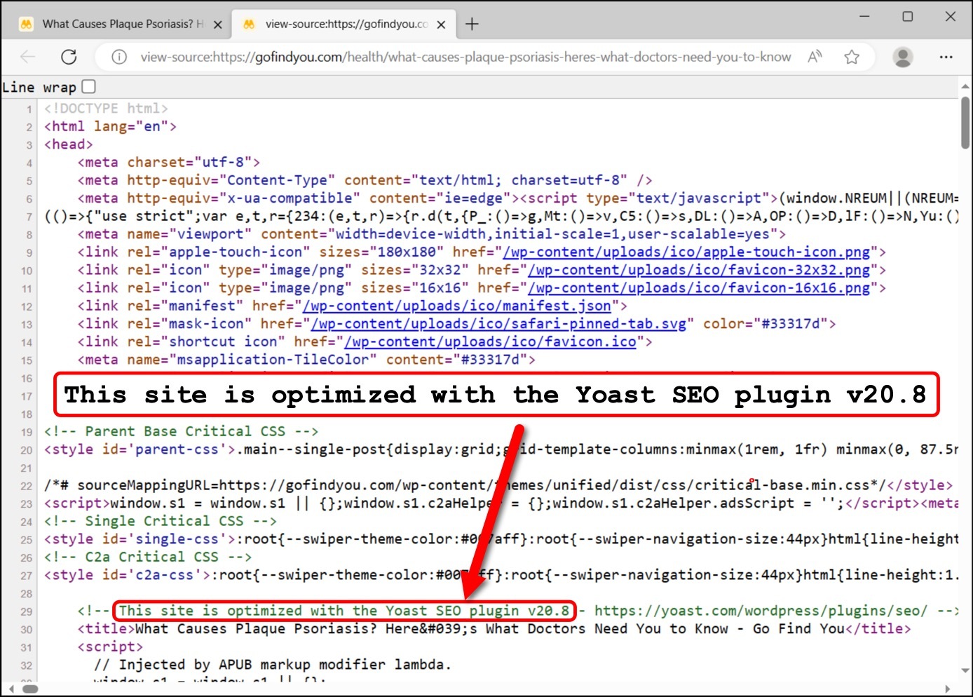Image 4 is a screenshot of the source code for one of the clickbait pages. It uses the Yoast SEO plugin. This site is optimized with the Yoast SEO plugin v20.8