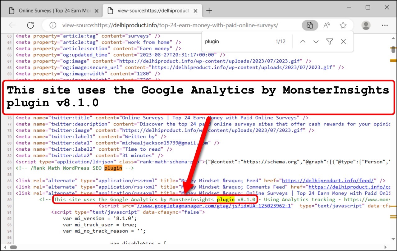 Image 5 is a screenshot of the source code for one of the clickbait pages. It uses the Google Analytics by MonsterInsights SEO plugin. This site is optimized with the Yoast SEO plugin v.8.1.